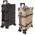 Stylish Dark And Beige Patterned Rolling Luggage Suitcases With Leather Trim Metal Buckles Wheels