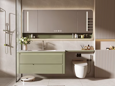 Modern Bathroom Interior With Green Vanity Mirror Toilet And Decorative Plants 3d model