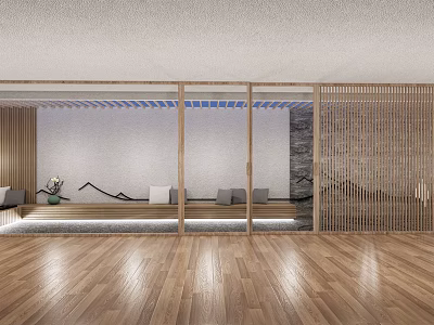 Japanese Style Modern Garden With Wooden Lattice Stone Wall And Green Plants 3d model
