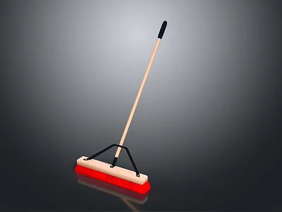 Household Cleaning Mop With Wooden Handle Black Grip And Red White Head 3d model