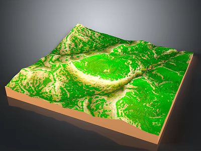 Detailed 3D Topographic Terrain Model With Green Surface Undulating Hills And Brown Base 3d model