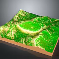 Detailed 3D Topographic Terrain Model With Green Surface Undulating Hills And Brown Base