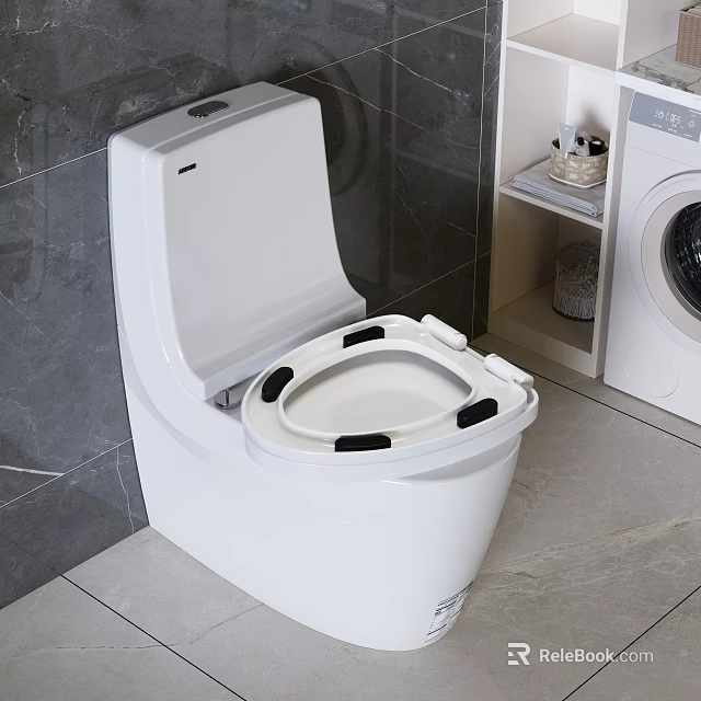 Modern White Toilet With Open Lid In Bathroom Near Washing Machine And Shelf 3d model 