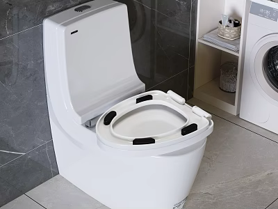 Modern White Toilet With Open Lid In Bathroom Near Washing Machine And Shelf 3d model