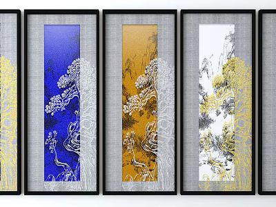 Five Decorative Paintings With Different Backgrounds Gold White Pine Patterns Black Frames Gray Linen 3d model