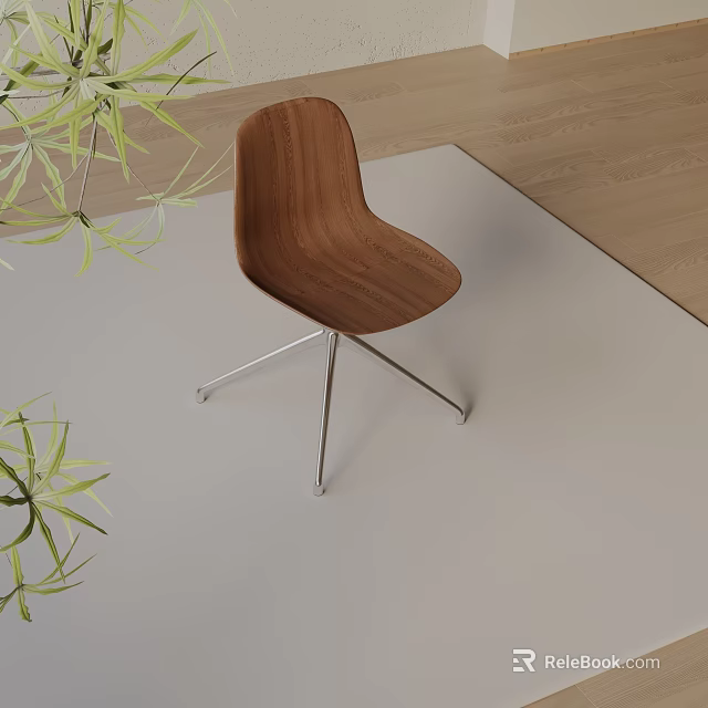 Modern Wooden Office Chair with Silver Metal Legs and Leafy Green Plants in Indoor Space 3d model 