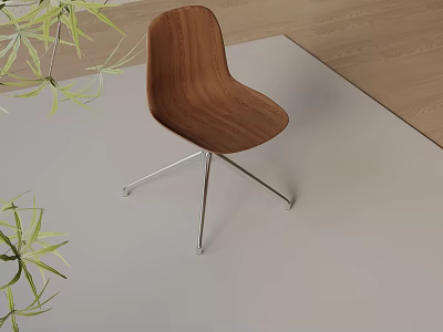 Modern Wooden Office Chair with Silver Metal Legs and Leafy Green Plants in Indoor Space 3d model