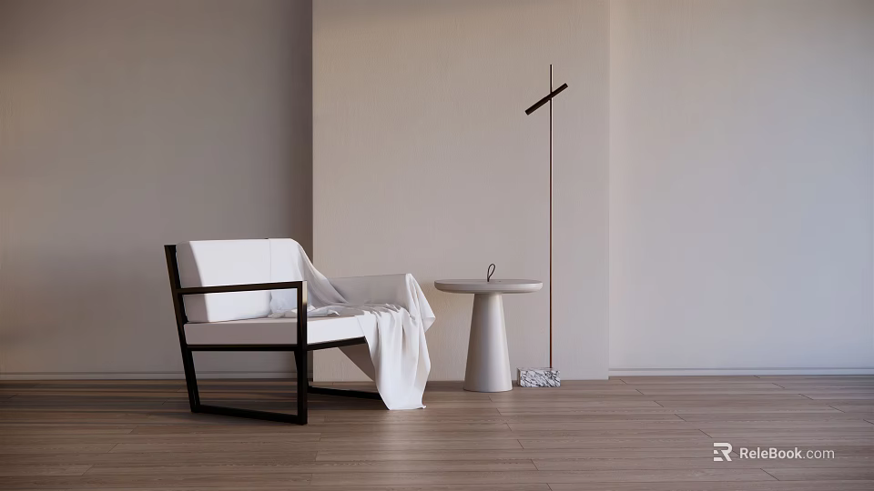 Stylish Minimalist Leisure Chair in Black White with Round Table Floor Lamp and Wooden Floor 3d model 