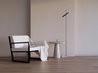 Stylish Minimalist Leisure Chair in Black White with Round Table Floor Lamp and Wooden Floor 3d model