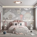 Cozy Kids Room With Hot Air Balloon Cloud Wall Mural Bed Toys And Bookshelf