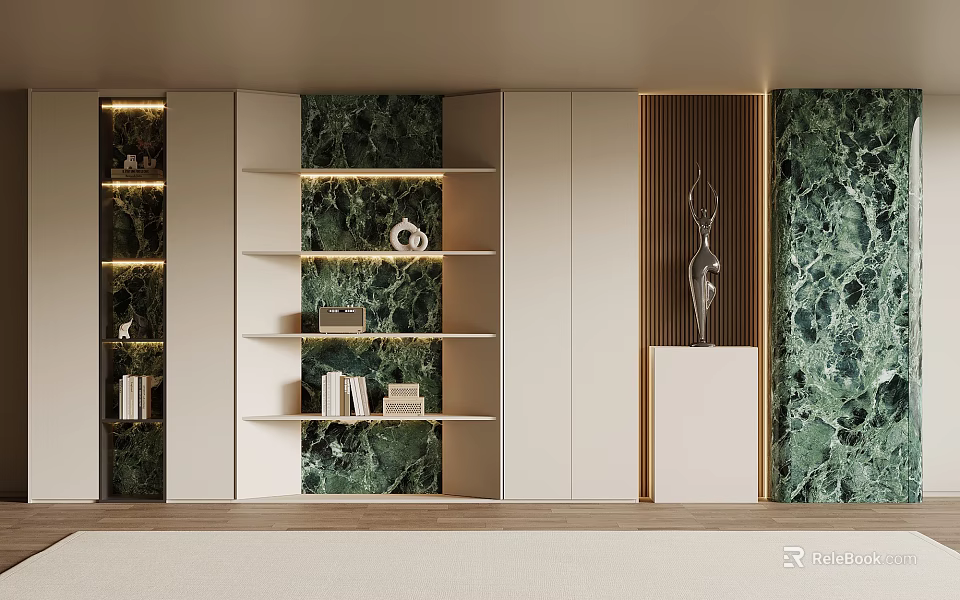 Modern Open Shelf Bookcase Interior With Green Marble Backdrop And Decorative Sculpture 3d model 