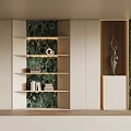 Modern Open Shelf Bookcase Interior With Green Marble Backdrop And Decorative Sculpture