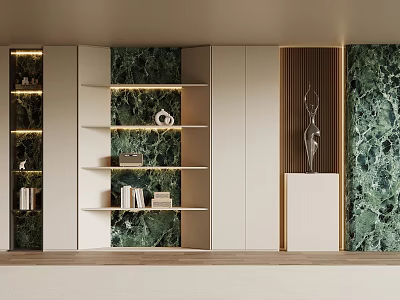Modern Open Shelf Bookcase Interior With Green Marble Backdrop And Decorative Sculpture 3d model