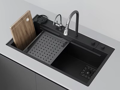 Modern Kitchen Sink Setup With Black Basin Wooden Cutting Board Faucet And Drainer Grid 3d model