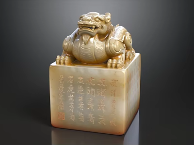 Golden Traditional Chinese Pi Xiu Sculpture With Carved Base And Inscriptions 3d model