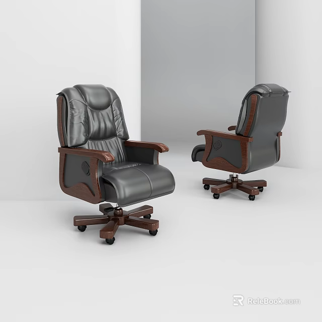 Dark Gray Leather Office Chair With Wooden Armrests And Swivel Wheels 3d model 