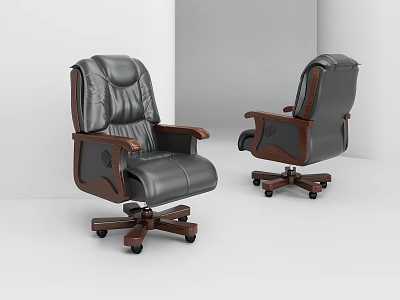 Dark Gray Leather Office Chair With Wooden Armrests And Swivel Wheels 3d model