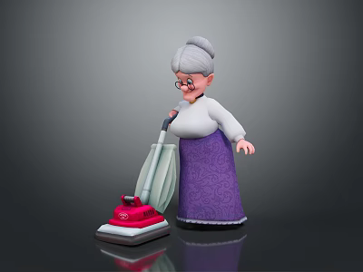 Elderly Woman With Gray Hair Wearing Glasses Using Red Vacuum Cleaner In Purple Skirt 3d model