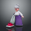 Elderly Woman With Gray Hair Wearing Glasses Using Red Vacuum Cleaner In Purple Skirt