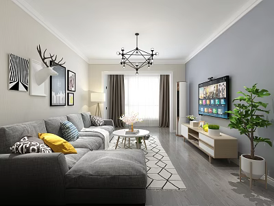 Modern Living Room Interior With Gray Sofa Colorful Cushions Chandelier Decorative Paintings And Green Plant 3d model