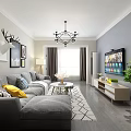 Modern Living Room Interior With Gray Sofa Colorful Cushions Chandelier Decorative Paintings And Green Plant