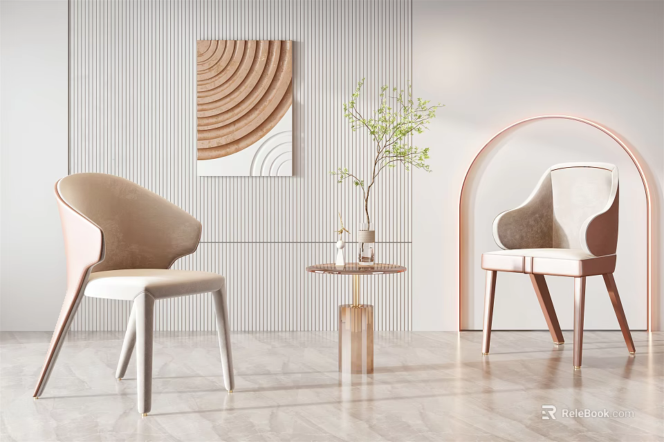 Modern Table and Chair Set Featuring Beige Chairs Wood Table Green Plant And Decorative Painting 3d model 
