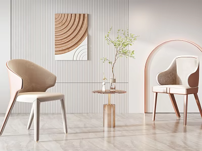 Modern Table and Chair Set Featuring Beige Chairs Wood Table Green Plant And Decorative Painting 3d model