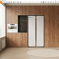 Modern Kitchen Cabinets With Wooden Wall White Refrigerator And Built In Microwave