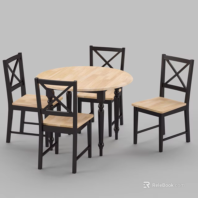 Round Light Wood Dining Table Set with Black Frame and Four Chairs 3d model