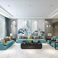Modern Dining Room Interior With Light Blue Chairs Dark Table Chandelier And Geometric Tiles