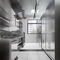 Commercial Kitchen Interior With Stainless Steel Worktables Shelves Range Hoods And Lighting