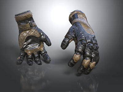 Tactical Leather Gloves With Worn Design Dark Brown Textured Surface And Stitching Details 3d model