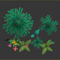 Lush Green Pine Tree Surrounded By Various Plants Ferns And Colorful Flowers