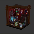 Cartoon Style Magical Room Scene With Wooden Frame Red Walls Magic Globe And Hanging Lanterns