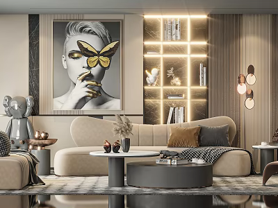 Modern Elegant Living Room Sofa And Coffee Table Set With Decorative Pillows And Artwork 3d model