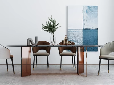 Modern Dining Table Set With Metal Legs Black Tabletop Chairs Green Plant And Seascape Painting 3d model