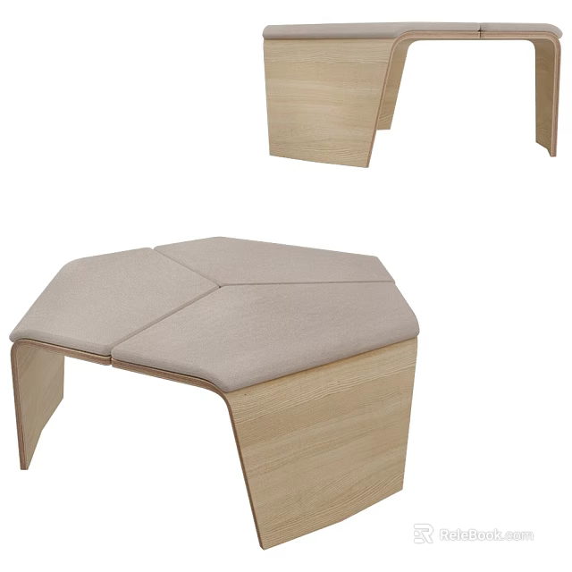 Hexagonal Wooden Stool With Light Colored Upholstered Seat And Modern Design 3d model