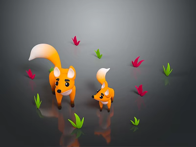 Two Cute Fox Characters With Red And Green Leaves On Shiny Dark Background 3d model