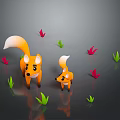 Two Cute Fox Characters With Red And Green Leaves On Shiny Dark Background
