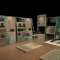 Display Cabinets and Shelves In Modern Exhibition Hall With Glass Metal Frames And Product Showcases