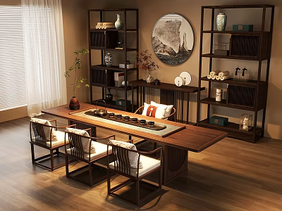Traditional Chinese Interior With Long Wooden Table Chairs Decorative Shelves Round Painting And Potted Plant 3d model