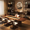 Traditional Chinese Interior With Long Wooden Table Chairs Decorative Shelves Round Painting And Potted Plant