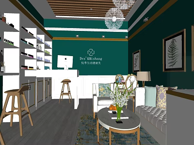 Luxe Beauty Salon Interior Design With Green Walls White Bar Counter And Sofa Area 3d model