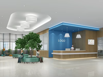 Modern Reception Lobby With Blue Wall LOGO Desk Green Plants And Sofas 3d model