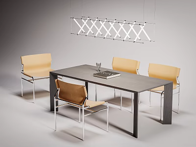 Modern Table and Chairs Set with Beige Seats Metal Frames and Stylish Pendant Light Above 3d model