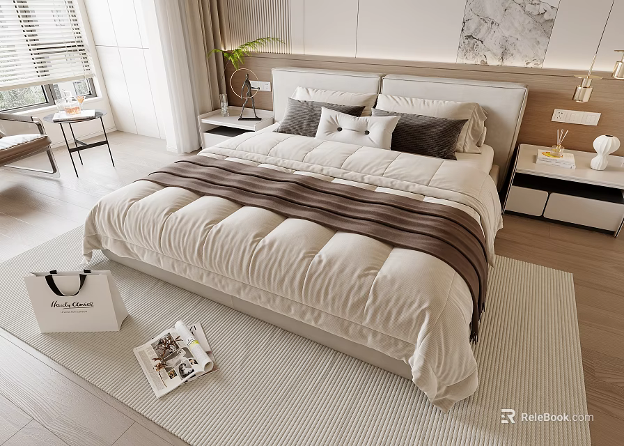 Modern Double Bed With Cream And Brown Bedspread In Minimalist Bedroom 3d model