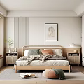 Serene Bedroom Interior With Wooden Bed Framed Artwork Striped Wall Rug And Bedside Tables