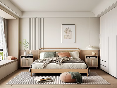 Serene Bedroom Interior With Wooden Bed Framed Artwork Striped Wall Rug And Bedside Tables 3d model