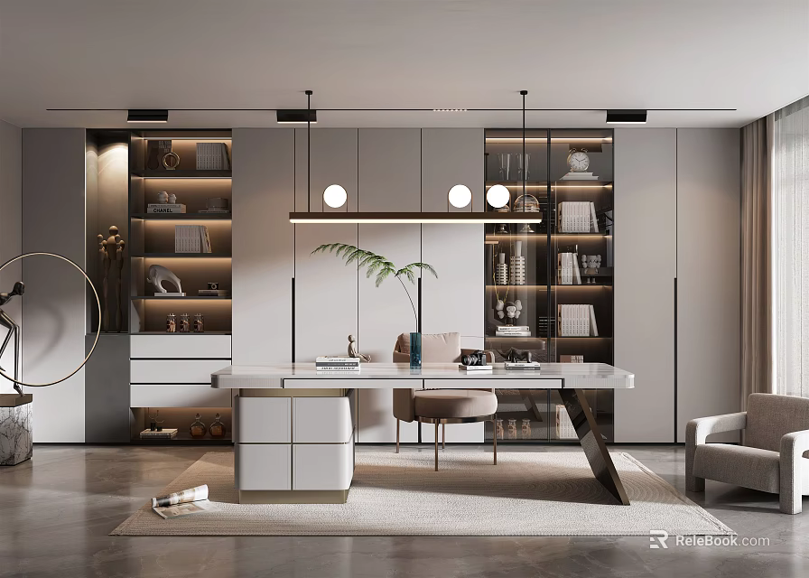 Modern Study Room Interior With Wooden Bookshelves Large Desk Pendant Lights And Green Plant 3d model 