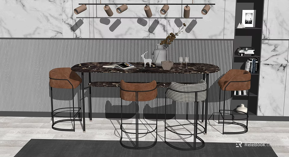 Modern Bar Counter with Marble Top and Stylish Stools Against Striped Wall and Pendant Lights 3d model 
